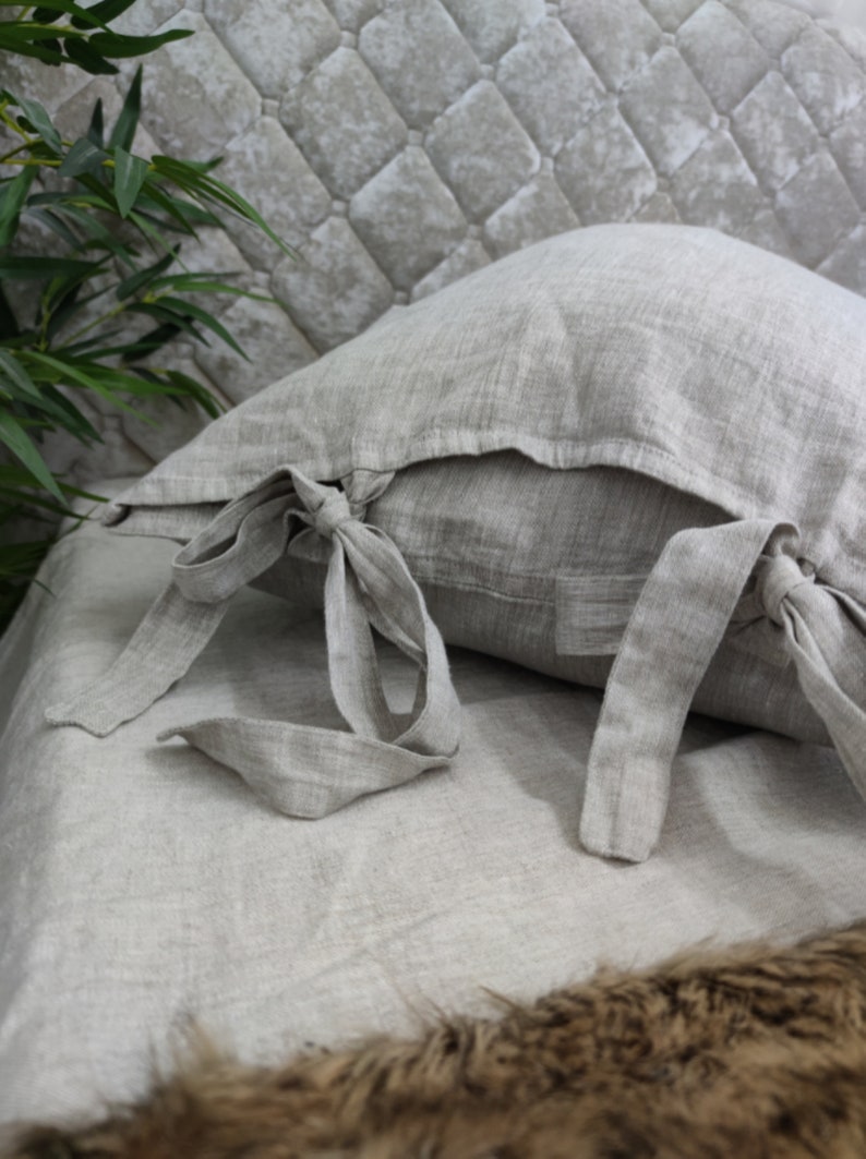 Linen Pillowcase with ties flap end standard queen pillowslip super king white pillow grey flax pillow cover natural bedding tied pillowcase