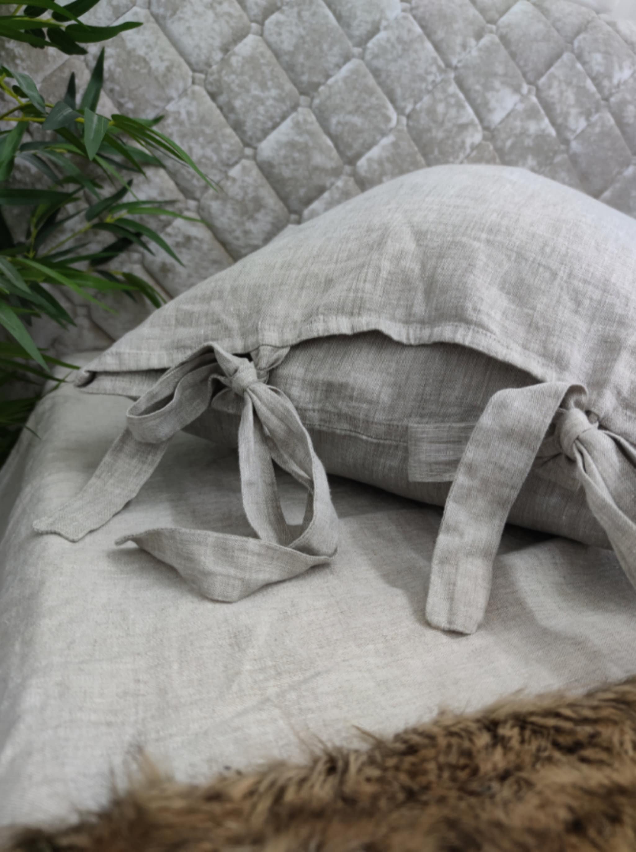 Linen Pillowcase with ties flap end standard queen pillowslip super king white pillow grey flax pillow cover natural bedding tied pillowcase