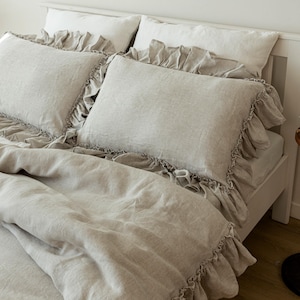 Linen Pillow sham double ruffle around, buttons closure, ruffled pillowcase, shabby style bedroom