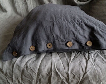 Graphite Linen pillow case with buttons. Stonewashed Pillow Shams. pure Linen Bedding. Linen pillowcase. Gift for her. Euro sham. Linen sham