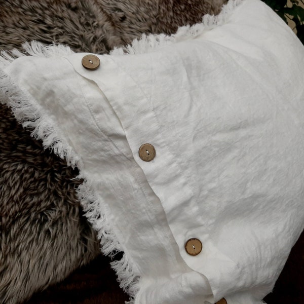 White Pillow case with fringe,Stone Washed linen pillowcase, Frayed Edges pillow shams, Shabby Chic, linen bedding, linen body pillow