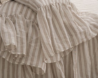 Striped Pillow Shams with long ruffle Linen ruffled Pillow case on one side Linen Bedding ruffled pillow shams euro sham body pillow