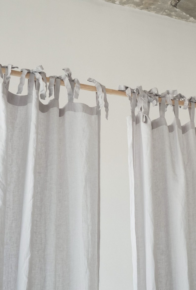 Tie top linen curtains with ties 55 wide, Window treatments panel, White curtains, door curtain,shower curtains, Kitchen curtains image 2