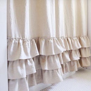 Linen ruffle curtain 1 panel, washed soft flax drapes with ruffles, Stonewashed shower curtains