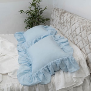 Baby Blue Ruffled Pillow Shams-Linen Pillow Cases with Ruffle and Buttons Closure-Shabby Chic Linen Bedding for  Stylish Bedroom Pillow Sham