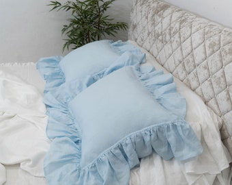 Baby Blue Ruffled Pillow Shams-Linen Pillow Cases with Ruffle and Buttons Closure-Shabby Chic Linen Bedding for  Stylish Bedroom Pillow Sham