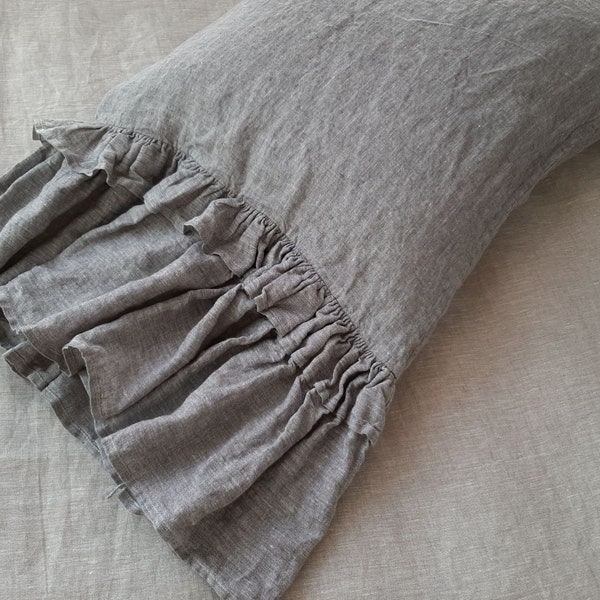 Linen pillow sham with double ruffle. Organic linen. Ruffle pillow shams. Pillow covers. Queen pillow sham. White pillow cases. Linen covers