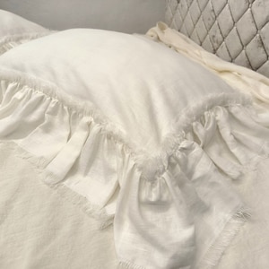 Taie d&#39;oreiller en lin à double volants avec fermeture à boutons et franges, literie en lin naturel, taie d&#39;oreiller à volants