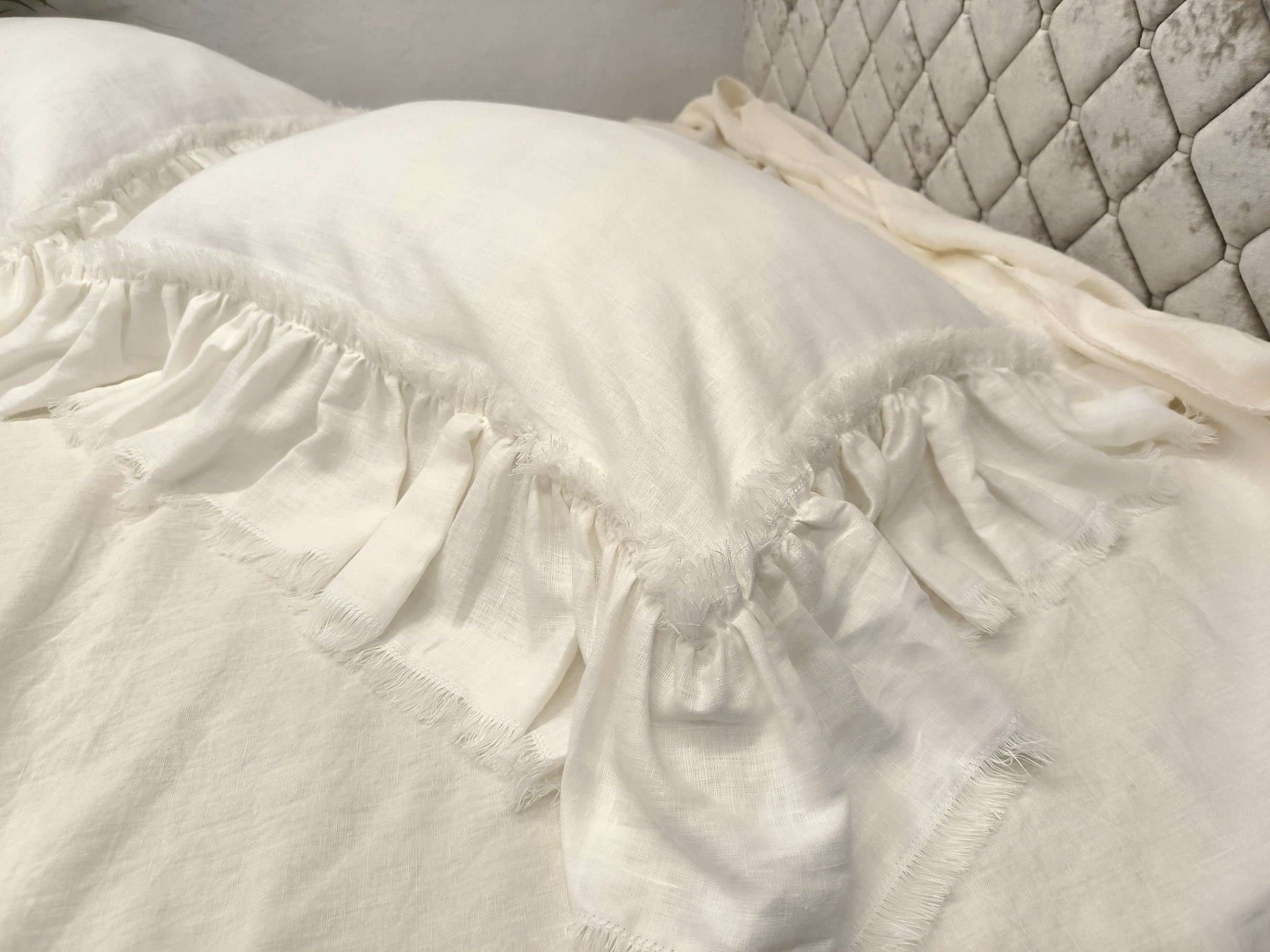 Linen Pillow sham double ruffle around with fringe buttons closure natural linen bedding ruffled pillowcase shabby fabric style pillow cover