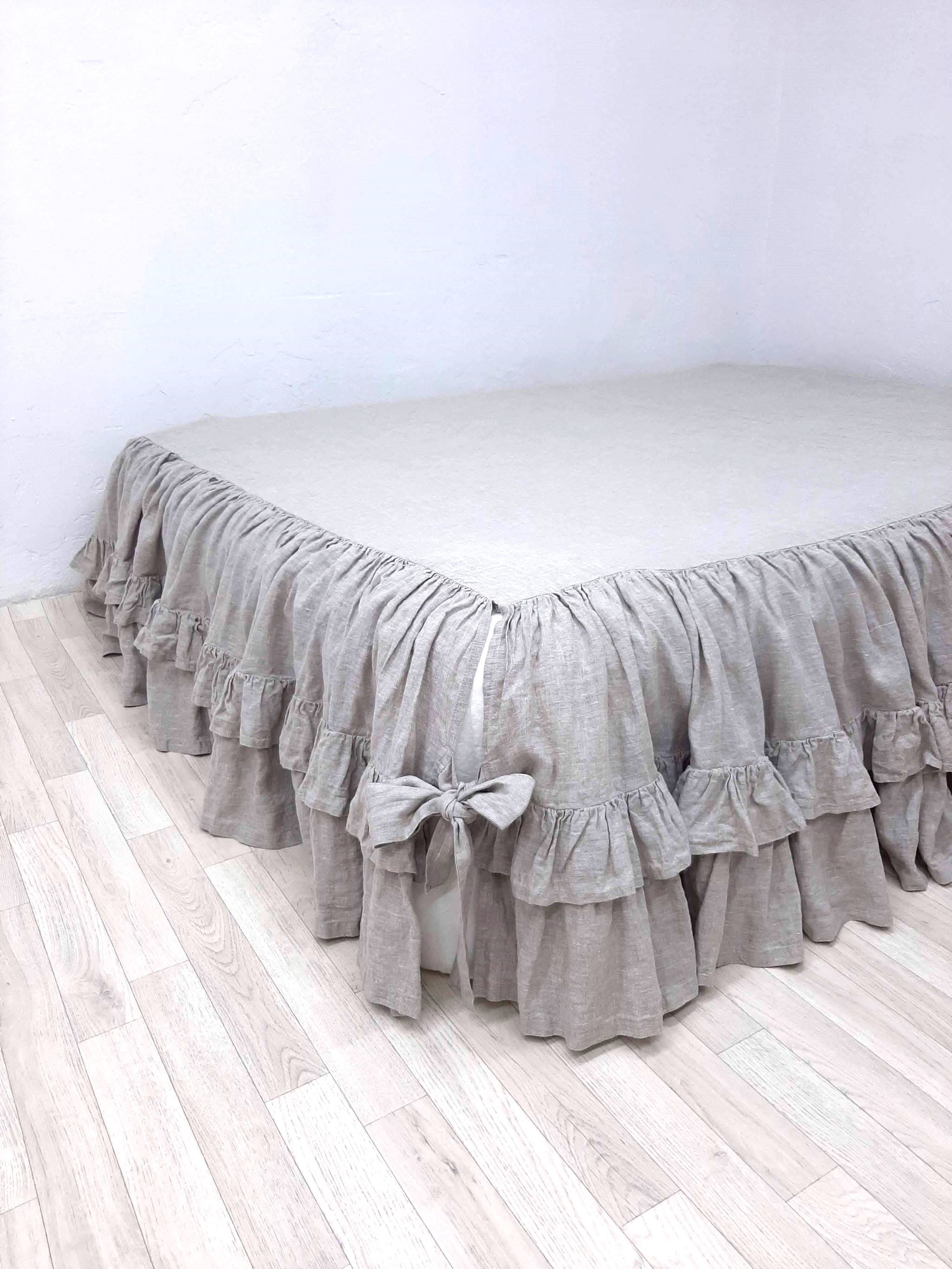 Double Ruffle Linen Bed Skirt Split Corners Ruffled Panel Dust Etsy
