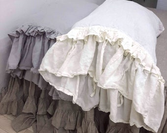 Organic Linen double ruffled Pillowcase frill Pillow Sham slip cover Standard Queen California King Linen shabby Bedding