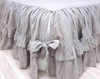 Double ruffle Linen Bed skirt split corners ruffled panel Dust Ruffle Bedskirt Corner cuts Mattress skirt double Queen King handmade Bedding