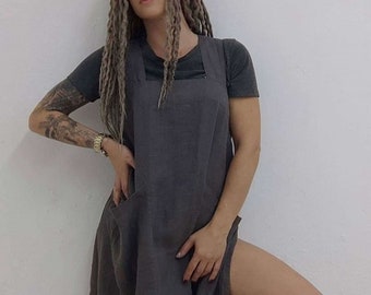 Natural Pinafore linen flax apron womens Japanese cross back long to the knee with large pockets Kitchen Cafe garden gray black organic gift