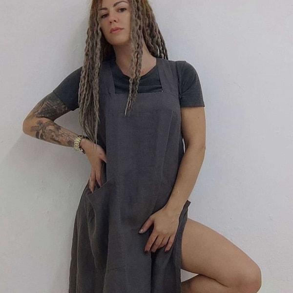 Natural Pinafore linen flax apron womens Japanese cross back long to the knee with large pockets Kitchen Cafe garden gray black organic gift