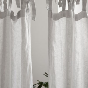 Tie top linen curtains with ties 55 wide, Window treatments panel, White curtains, door curtain,shower curtains, Kitchen curtains image 3