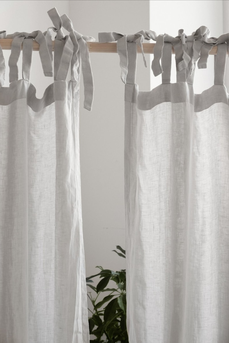 Tie top linen curtains with ties 55 wide, Window treatments panel, White curtains, door curtain,shower curtains, Kitchen curtains image 3