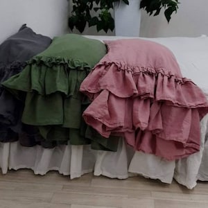 Linen Ruffled Pillowcase, Triple ruffle pillow sham , stonewashed euro shams