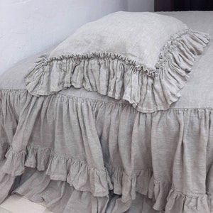 Linen Pillow sham double ruffle around buttons closure natural linen bedding ruffled pillowcase shabby fabric style bedroom pillow cover