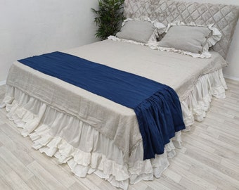 Linen Bed scarf with ruffles Ruffled bed runner Long Ruffle throws Ruffled Bed Linens Bed Cover twin full queen king euro size running track