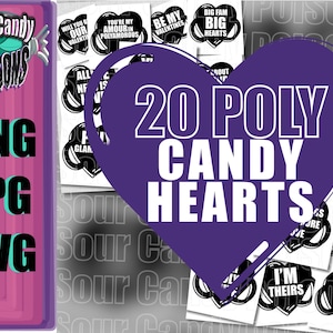 Op de afbeelding: Twintig paarse hartvormige ontwerpen met zwarte tekst. De tekst bevat zinnen als "Love Infinitely", "Big Fam Big Hearts" en "Will You Be Our Valentine". De tekst "20 Poly Candy Hearts" staat in wit op een paars hart.