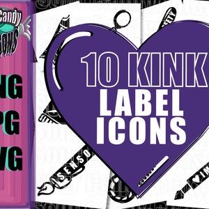 May include: Purple heart-shaped graphic with white text that reads "10 KINK LABEL ICONS". The graphic is surrounded by black and white illustrations of various objects.