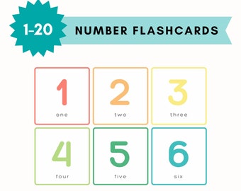 May include: A set of printable number flashcards for kids. The flashcards feature the numbers 1 through 6 with their corresponding words written below. The numbers are in different colors and are surrounded by a white border.