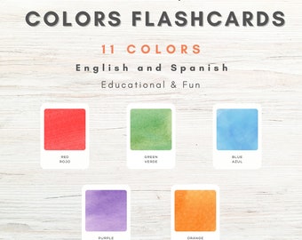 Printable Colors Flashcards, English and Spanish Flashcards, Preschool Colors Flashcards, Watercolor Flashcards, Learn Colors