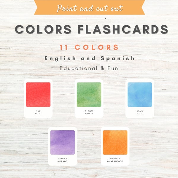 Printable Colors Flashcards, English and Spanish Flashcards, Preschool Colors Flashcards, Watercolor Flashcards, Learn Colors