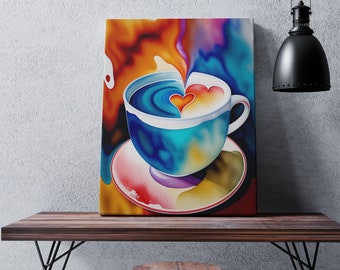 Impresión artística de taza de café colorida, decoración en lienzo con forma de corazón de café