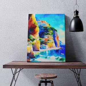 Amalfiküste Bunte Kunstwerk Amalfi Italien Kunst Amalfiküste Wohnkultur Amalfiküste Wandkunst Italienische Kunst für das Haus Aquarell Amalfi