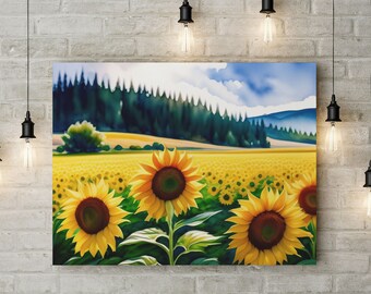 Impresión en lienzo de girasol en acuarela, decoración floral para el hogar