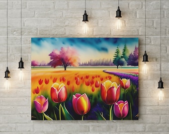 Tulip Field Canvas Art Print, Floral Home Decor