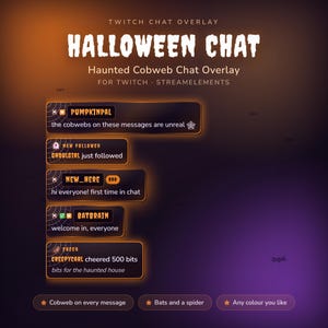 Könnte beinhalten: Eine Twitch-Chat-Overlay-Grafik mit dem Titel HALLOWEEN CHAT Haunted Cobweb Chat Overlay for Twitch StreamElements. Sie zeigt Beispiel-Chatnachrichten mit orangefarbenen leuchtenden Rändern, Spinnweben-Akzenten und Symbolen.