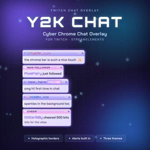 Può includere: Una grafica di sovrapposizione chat di Twitch intitolata Y2K CHAT Cyber Chrome Chat Overlay for Twitch Streamelements. Presenta cinque caselle di chat impilate con sfumature viola chiaro e rosa, bordi olografici e testo bianco su sfondo blu scuro.