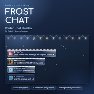 May include: A digital Twitch chat overlay titled Frost Chat with a winter theme. The design features semi-transparent message boxes with snow-capped edges, string lights at the top, and dark blue gradients. Text includes Twitch Chat Overlay, Frost Chat, Winter Chat Overlay for Twitch StreamElements, and sample chat messages.