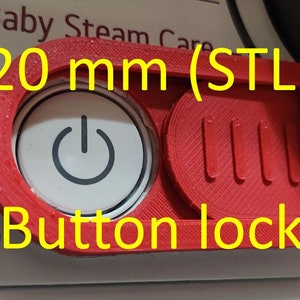May include: A red 3D printed button lock for a washing machine. The lock is designed to prevent the machine from being turned on. The lock is 20 mm in diameter and has a power button symbol on it. The text "20 mm (STL) Button lock" is printed on the lock.