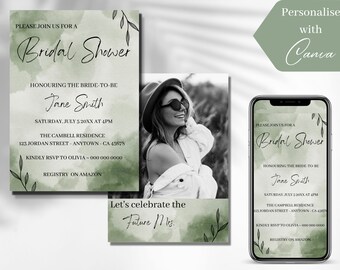 Sage Green Bridal Shower Invitation Template, Printable Bridal Shower Invite, Green Bridal Shower Evite, Minimalist Bridal Shower Invite