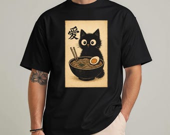 Camiseta de gato ramen: camiseta unisex de estilo artístico japonés kawaii, caligrafía japonesa, regalo para él, amante de Japón, camiseta japonesa