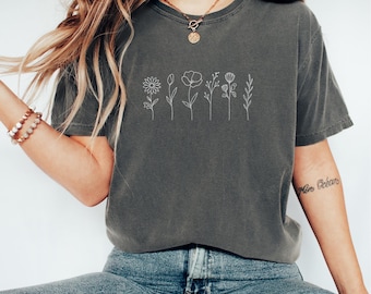 Wildflower Line Art Comfort Colors Shirt - Botanical Tee