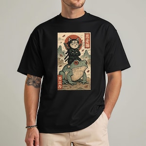 Ninja Cat on Frog, Japanese Graphic Tee, Kawaii Japan Tee, Japanese Art Style, Cute Japan Shirt, Casual Tee, Japan Lover Gift, Unisex Shirt