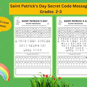 Peut inclure: Une feuille de travail imprimable pour les enfants afin de pratiquer leur alphabet et leurs compétences en décryptage. La feuille de travail présente un thème de la Saint-Patrick avec un lutin, des trèfles et un pot d'or. Le texte sur la feuille de travail indique "Saint Patrick's Day Secret Code Message" et "Grades 2-3".