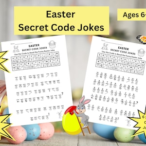 May include: Two black and white printable worksheets with a grid and a code to solve Easter-themed jokes. The worksheets are titled "Easter Secret Code Jokes" and are designed for ages 6-9. The image also includes a cartoon bunny painting an Easter egg and a starburst with the word "FUN!" on it.