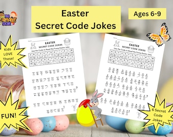 Chistes sobre códigos secretos de Pascua / 6 chistes divertidos listos para imprimir para niños que requieren el uso de un código para descifrar / Inteligente juego de aprendizaje de Pascua imprimible