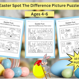 Easter Spot The Difference Game for Kids Ages 4-8 | 10 Ready to Print PDF’s | Each Page Has a Different Fun Game Kids Will Love | Coloring
