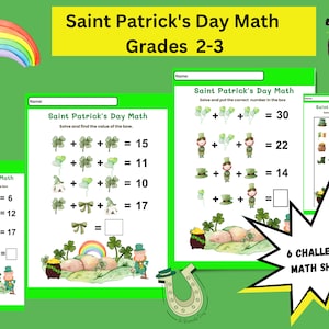 Könnte beinhalten: Sechs druckbare Arbeitsblätter mit Matheaufgaben zum Thema St. Patrick's Day für die Klassen 2 und 3. Jedes Arbeitsblatt enthält Additionsprobleme mit Kleeblättern, Kobolden und anderen Bildern zum Thema St. Patrick's Day.
