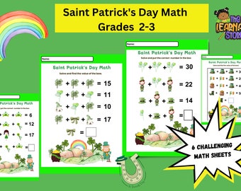 Páginas de matemáticas del Día de San Patricio para niños de 7 a 8 años / Juego de 6 coloridos imprimibles de matemáticas con temática de San Patricio para grados 2 a 3 / PDF listo para imprimir