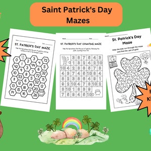 May include: A set of six printable St. Patrick's Day mazes for kids. The mazes feature a pot of gold, shamrocks, and leprechauns. The mazes are designed for kids of all ages.