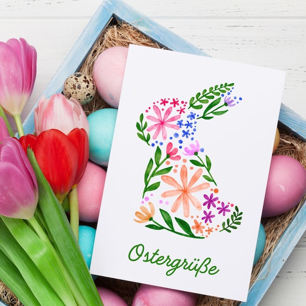 Karte - Ostergrüße | Postkarte oder Klappkarte zu Ostern | Osterhase | Aquarelle Blumen