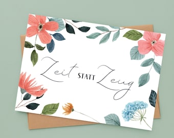 Postcard or greeting card - time instead of things | Gift certificate | Give the gift of time | Minimalist gift | Watercolor flowers