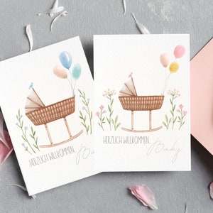 Carte de naissance - Bienvenue bébé | Félicitations | Fille ou garçon | Ballons Berceau Aquarelle | Carte postale ou carte pliante